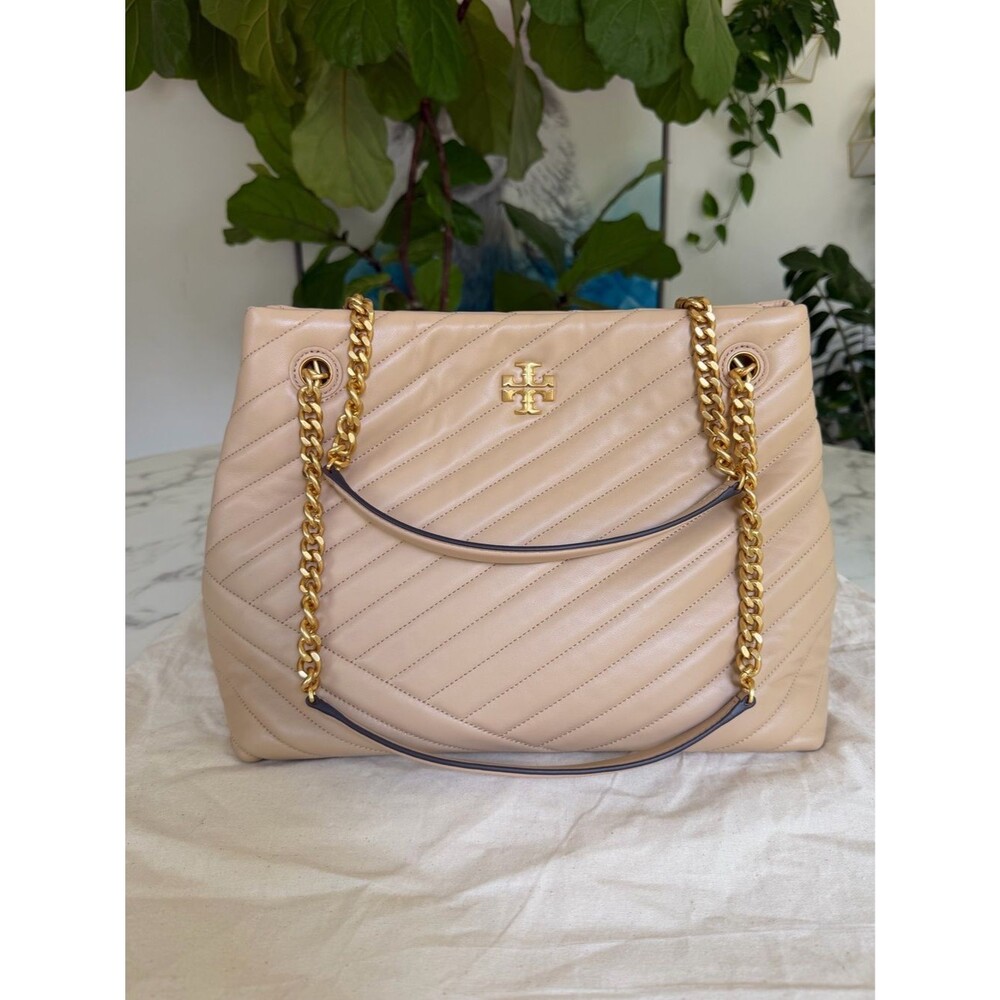 Tory Burch Kira Chevron Tote Desert Dune Beige Quilted Leather Gold Shoulder Bag